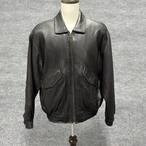 The Leather Warehouse Jacket Mens XL Black Leather Bomber Zip Pockets Lined